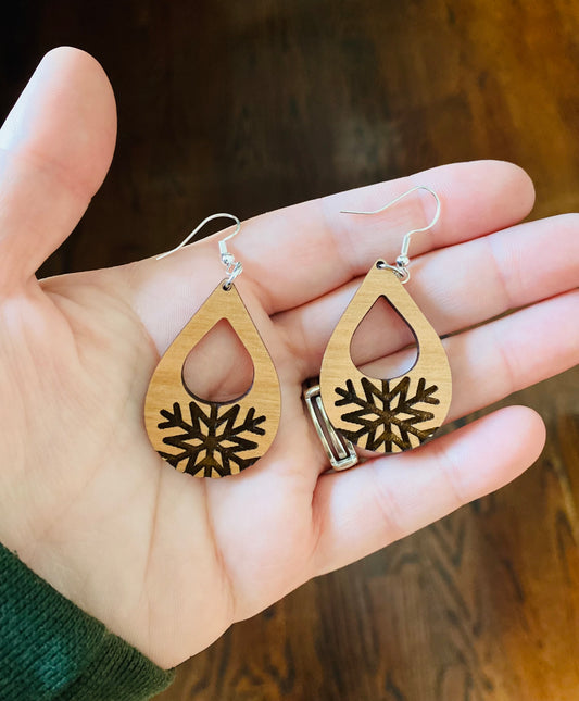 Engraved wood snow flake earrings
